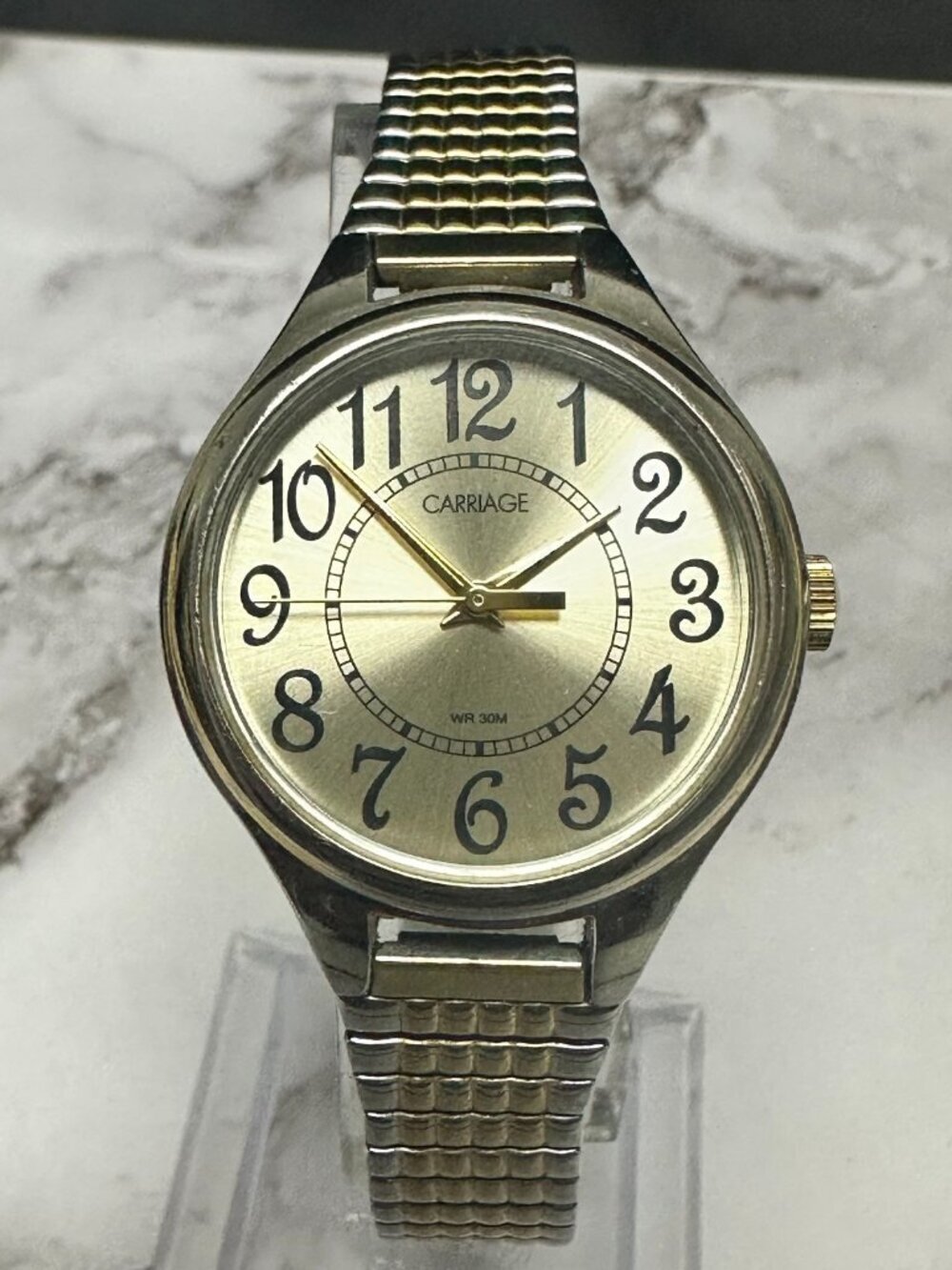 3/$30 Carriage Watch Women Silver Gold Two Tone Stretch Band Easy To Read